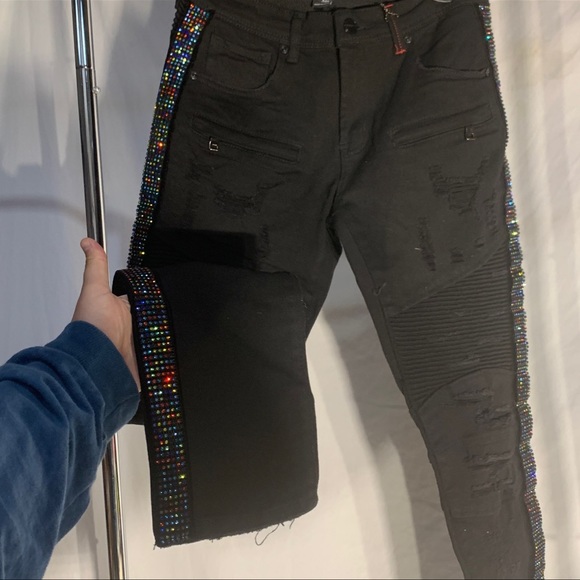 PREME Designer Bedazzled Ripped Black Denim Jeans Streetwear Mens Sizes New - Picture 2 of 6